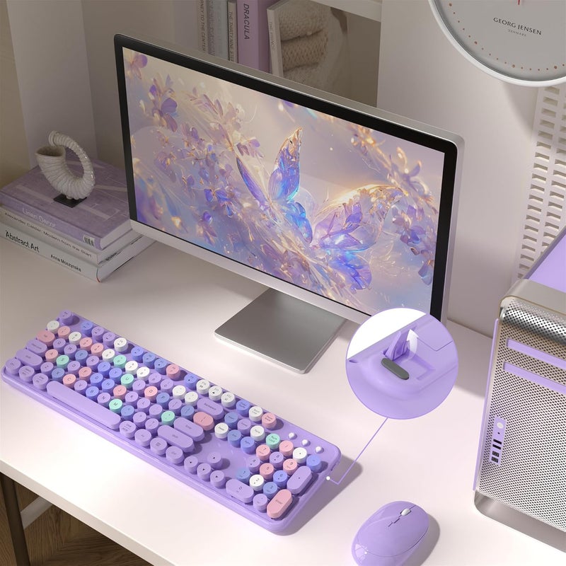 MPTOG Colorful Wireless Computer Keyboard and Mouse Combo with Round Typewriter Keycaps, Retro Design, Power Switch, Ergonomic Design, 2.4GHz Wireless for Windows, Mac, PC(Purple-Colorful) - Image 2